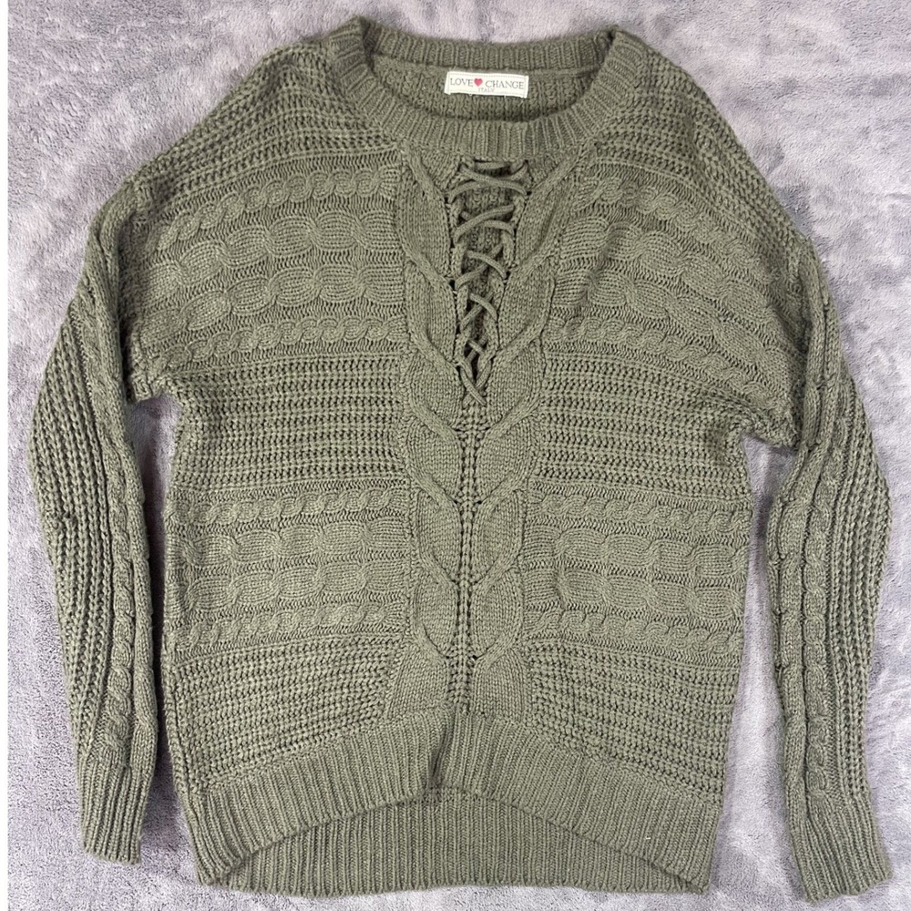 Love Change Italy Lace Up Front Cable Knit Sweater M Olive Green Acrylic